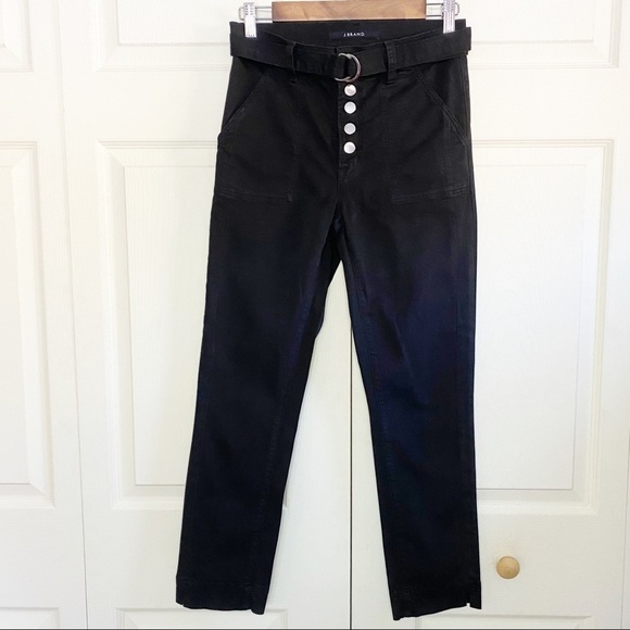 J Brand Exposed Button Fly Black Belted Crop Pants Button Flap Back Pockets - Picture 11 of 11